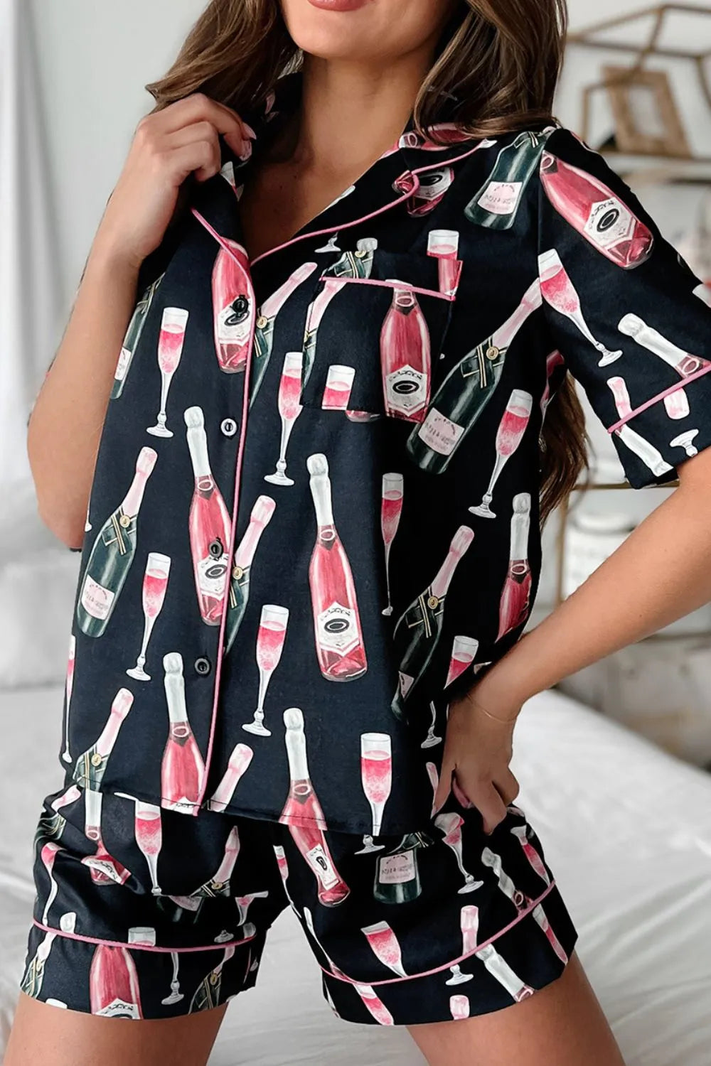 Champagne Print Short Sleeve Top and Shorts Set Lingerie & Nightwear
