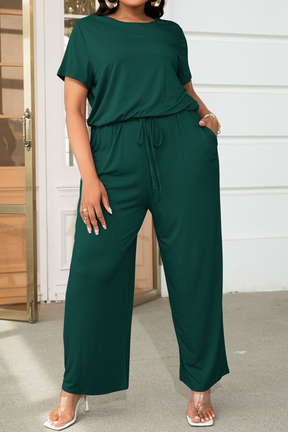 Plus Size Drawstring Waist Short Sleeve Jumpsuit 