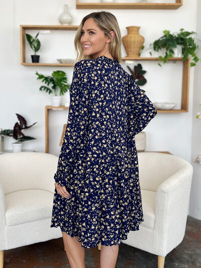 Double Take Full Size Printed Ruffle Hem Long Sleeve Tiered Dress 