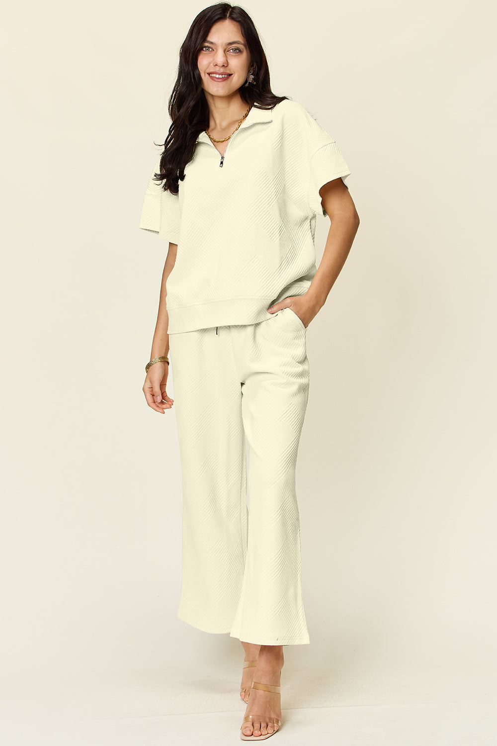 Double Take Full Size Texture Half Zip Short Sleeve Top and Pants Set 