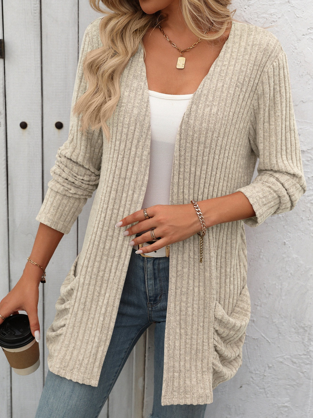 Mandy Open Front Long Sleeve Ribbed Cardigan 
