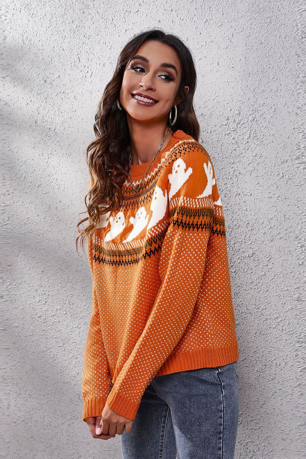 Ghost Pattern Round Neck Long Sleeve Sweater 