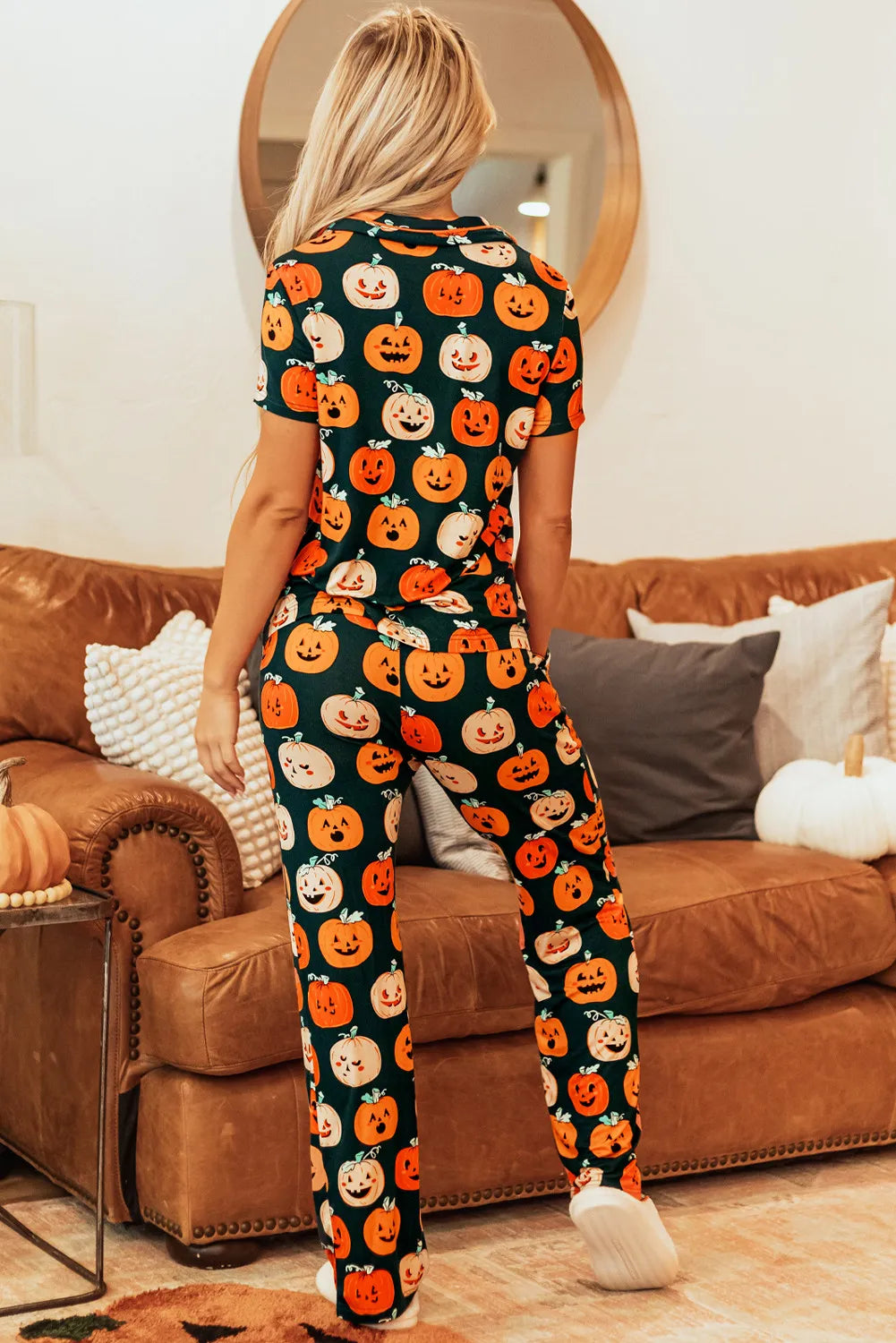 Pumpkin Printed Short Sleeve Top and Pants Lounge Set Lingerie & Nightwear