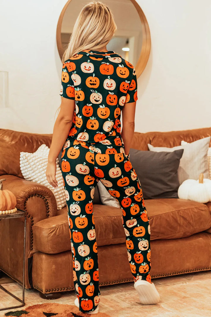 Pumpkin Printed Short Sleeve Top and Pants Lounge Set Lingerie & Nightwear
