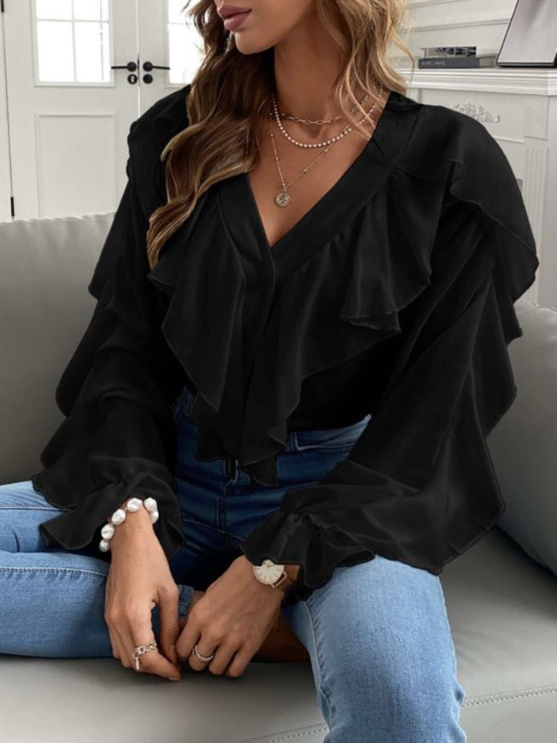 Full Size Ruffled V-Neck Button Down Flounce Sleeve Blouse 