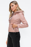 Snobbish Faux Leather Zip Up Drawstring Hooded Jacket 