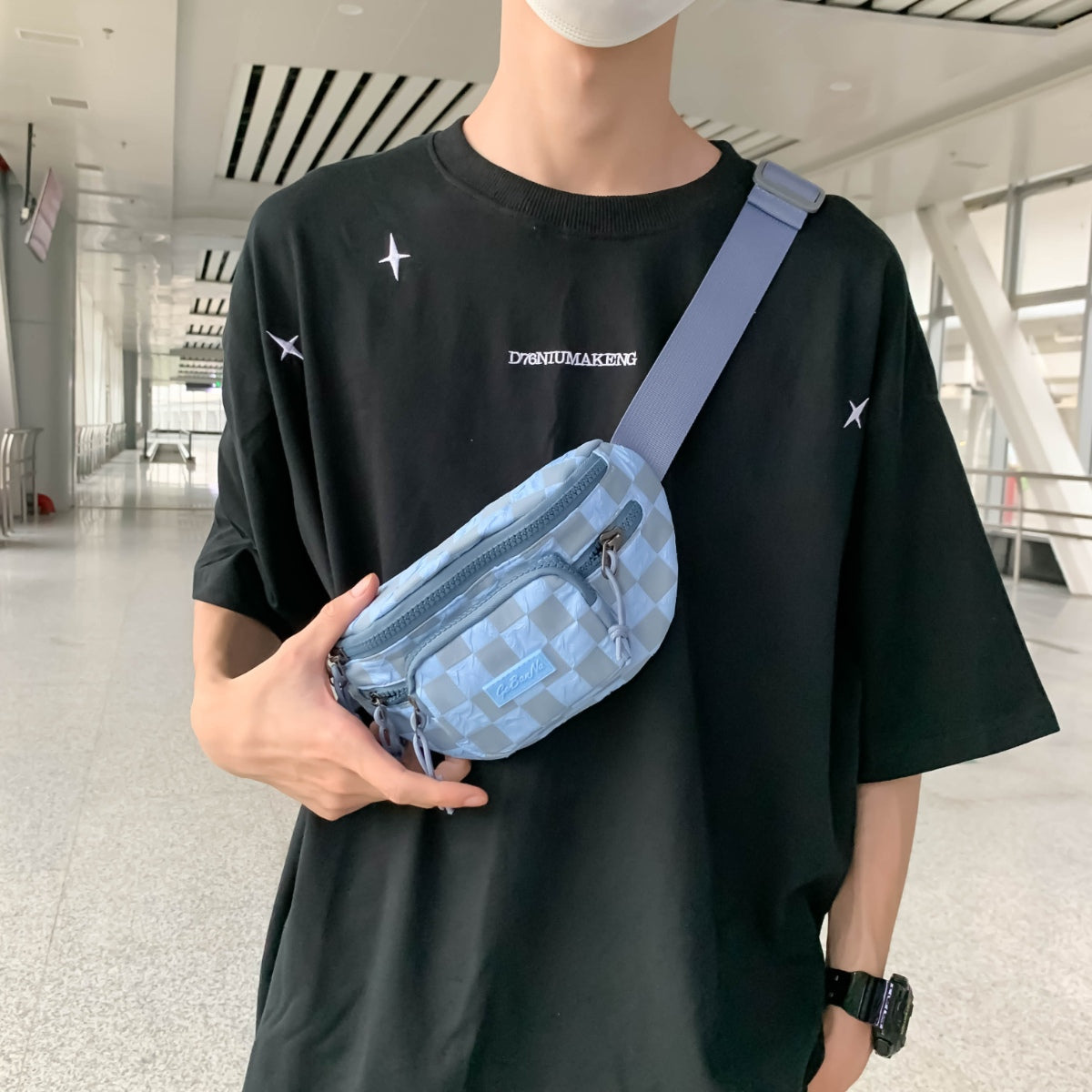 Checkered Adjustable Strap Nylon Crossbody Bag 