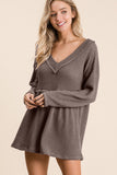 BiBi Waffle Knit V-Neck Babydoll Blouse 