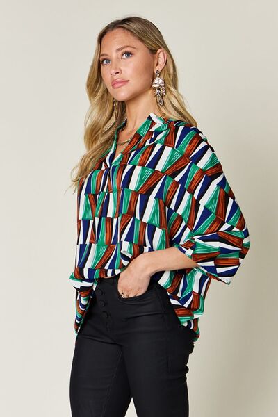 Double Take Full Size Geometric Notched Dolman Sleeve Top 