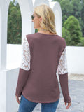Waffle-Knit Lace Round Neck Long Sleeve T-Shirt 