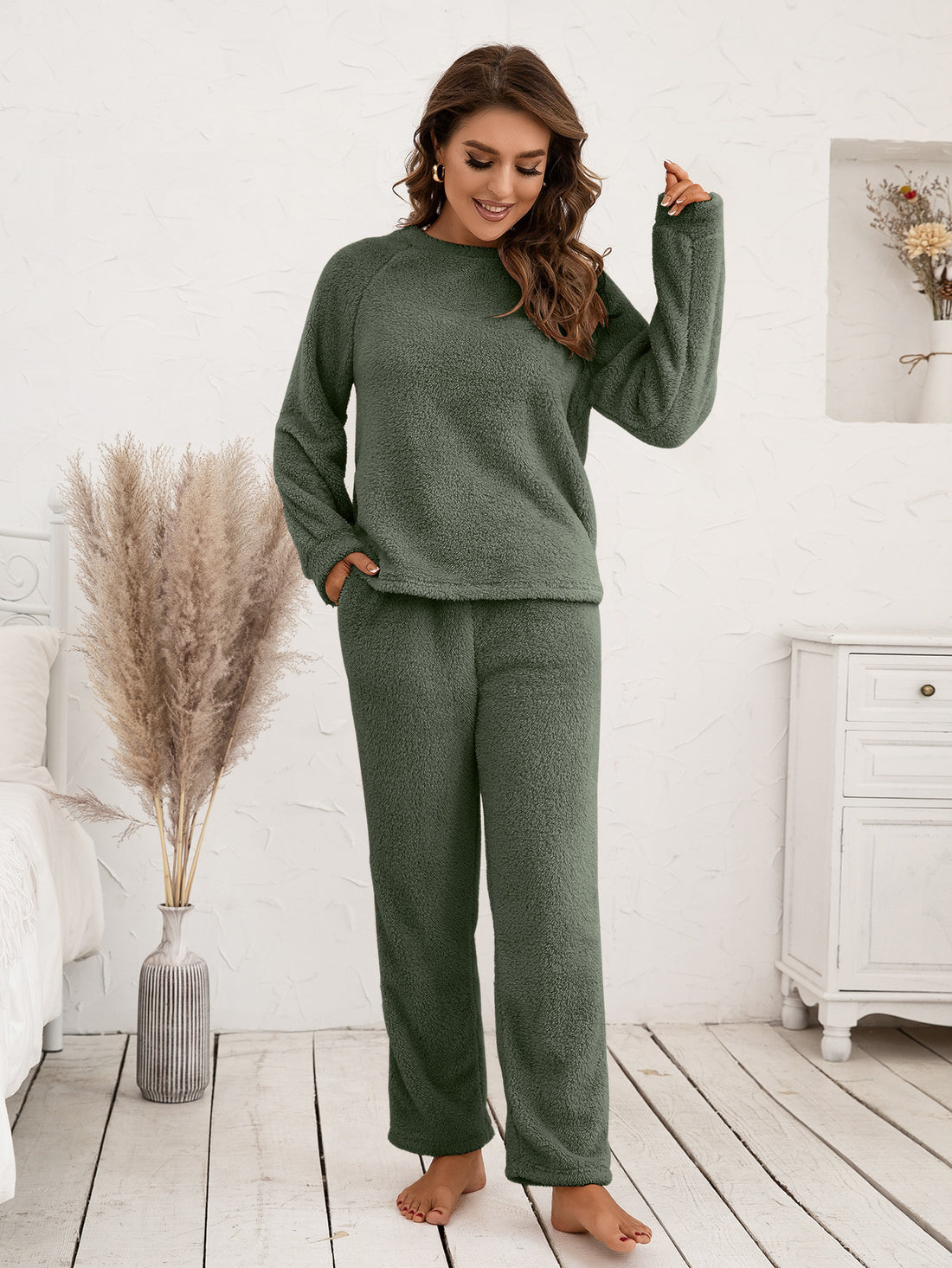 Ivy Lane Teddy Long Sleeve Top and Pants Lounge Set 