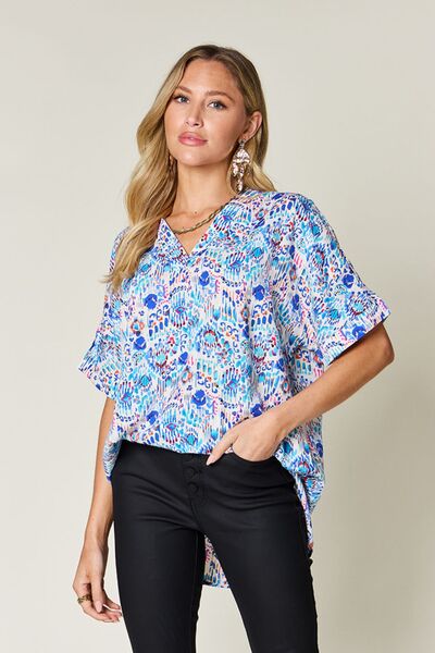 Double Take Full Size Printed V-Neck Short Sleeve Blouse 