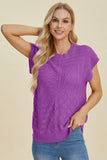 Double Take Full Size Cable-Knit Round Neck Cap Sleeve Sweater 