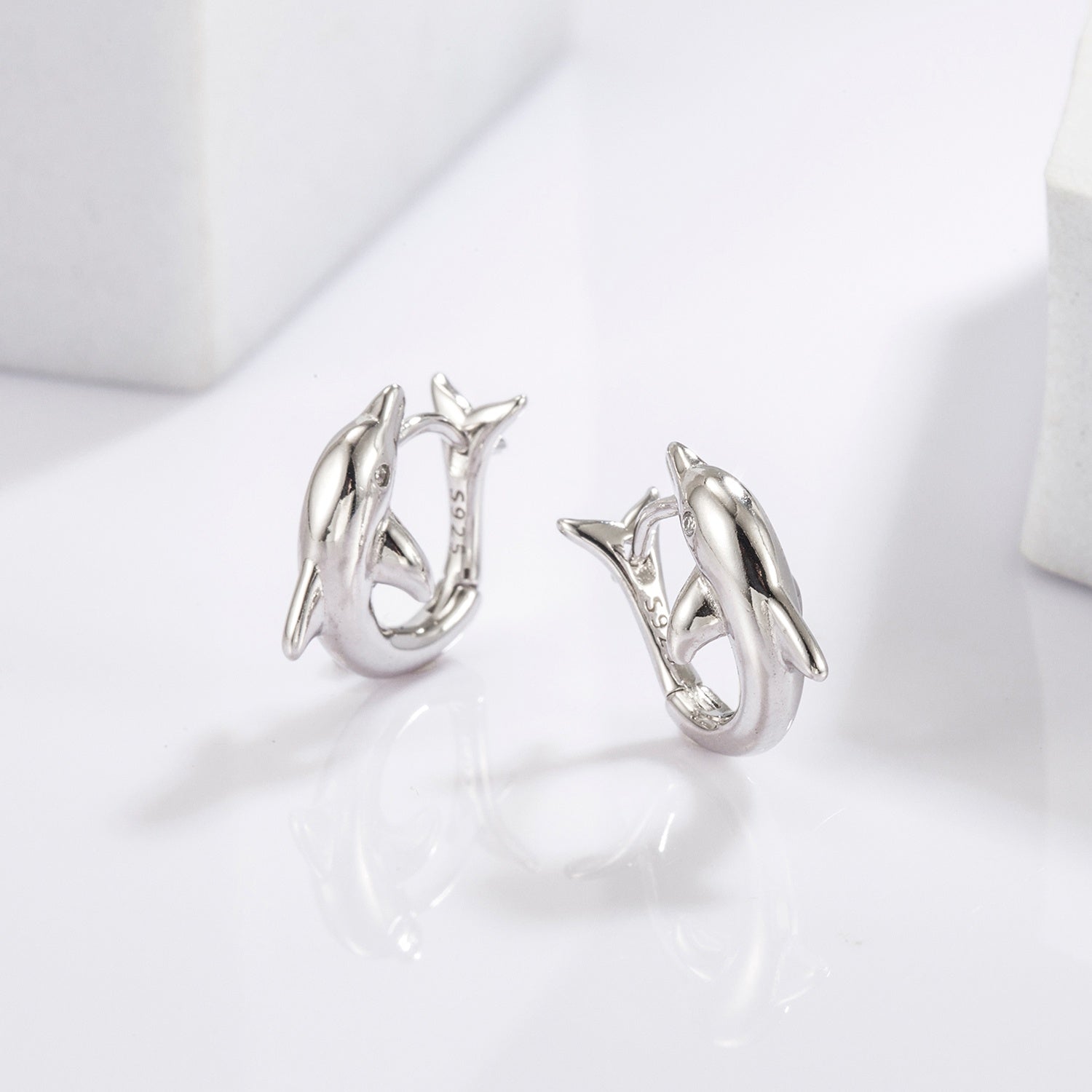 925 Sterling Silver Zircon Dolphin Earrings 