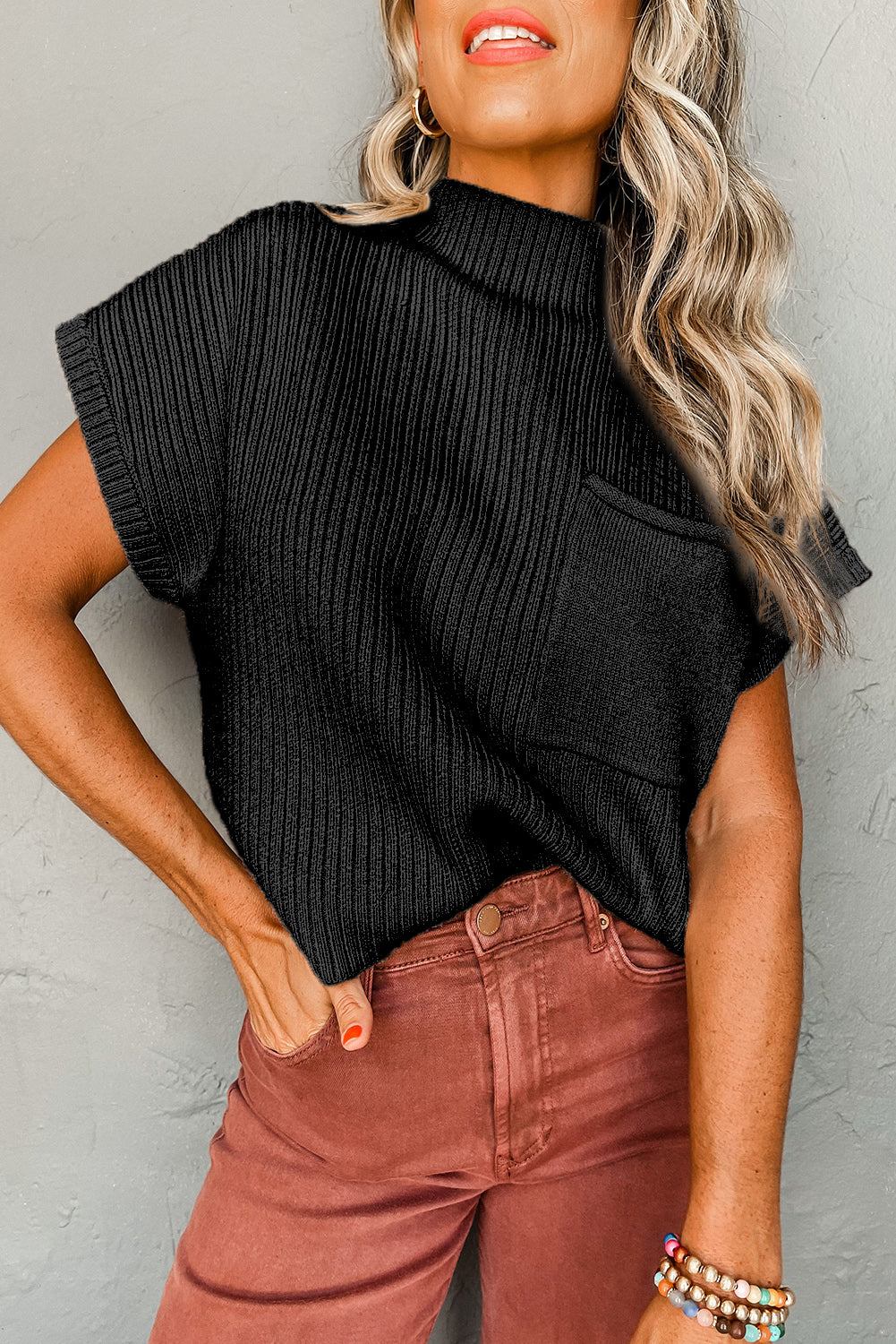 Black Patch Pocket Ribbed Knit Short Sleeve Sweater Sweaters & Cardigans/Short Sleeve Sweaters