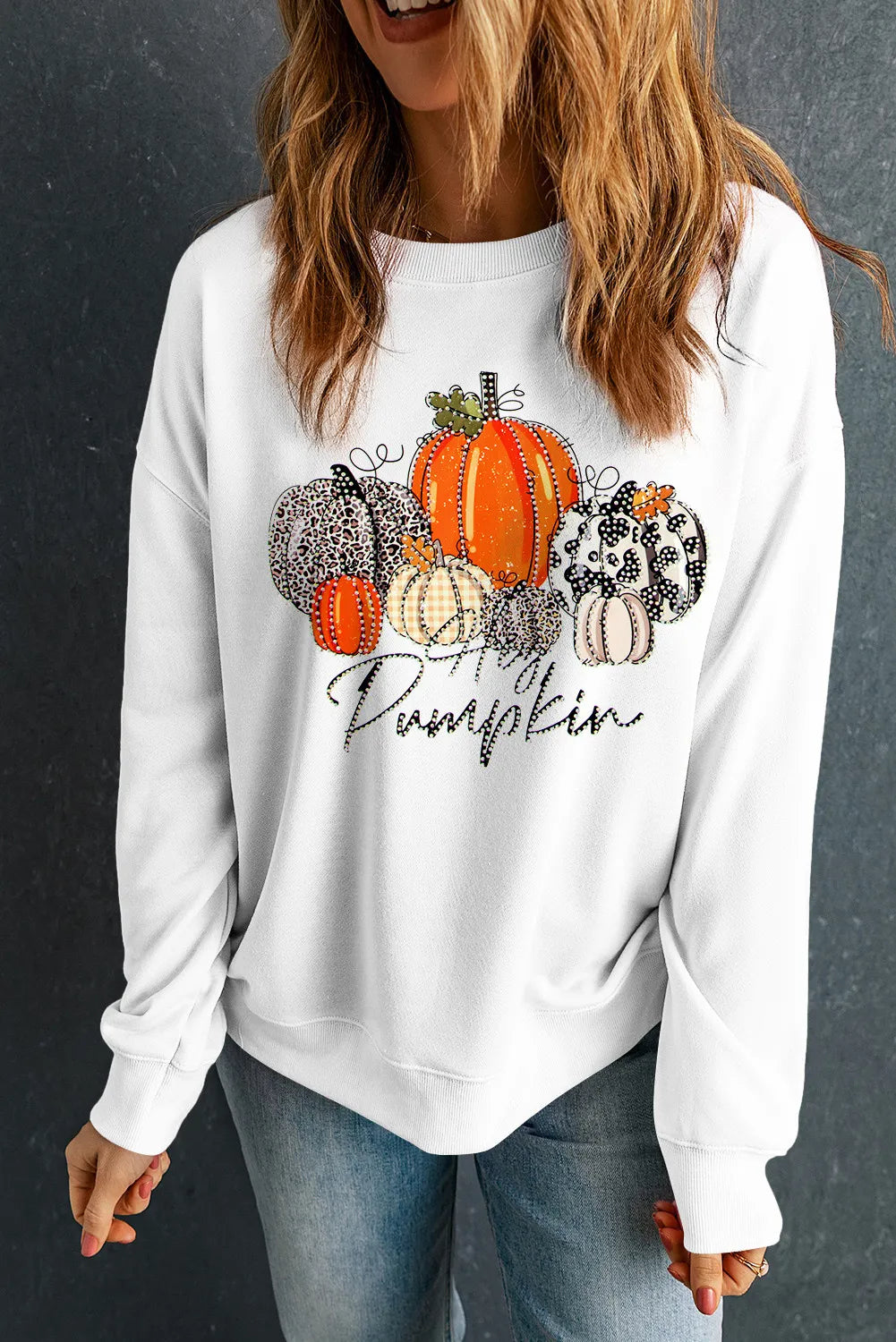 Pumpkin Graphic Round Neck Dropped Shoulder Sweatshirt 