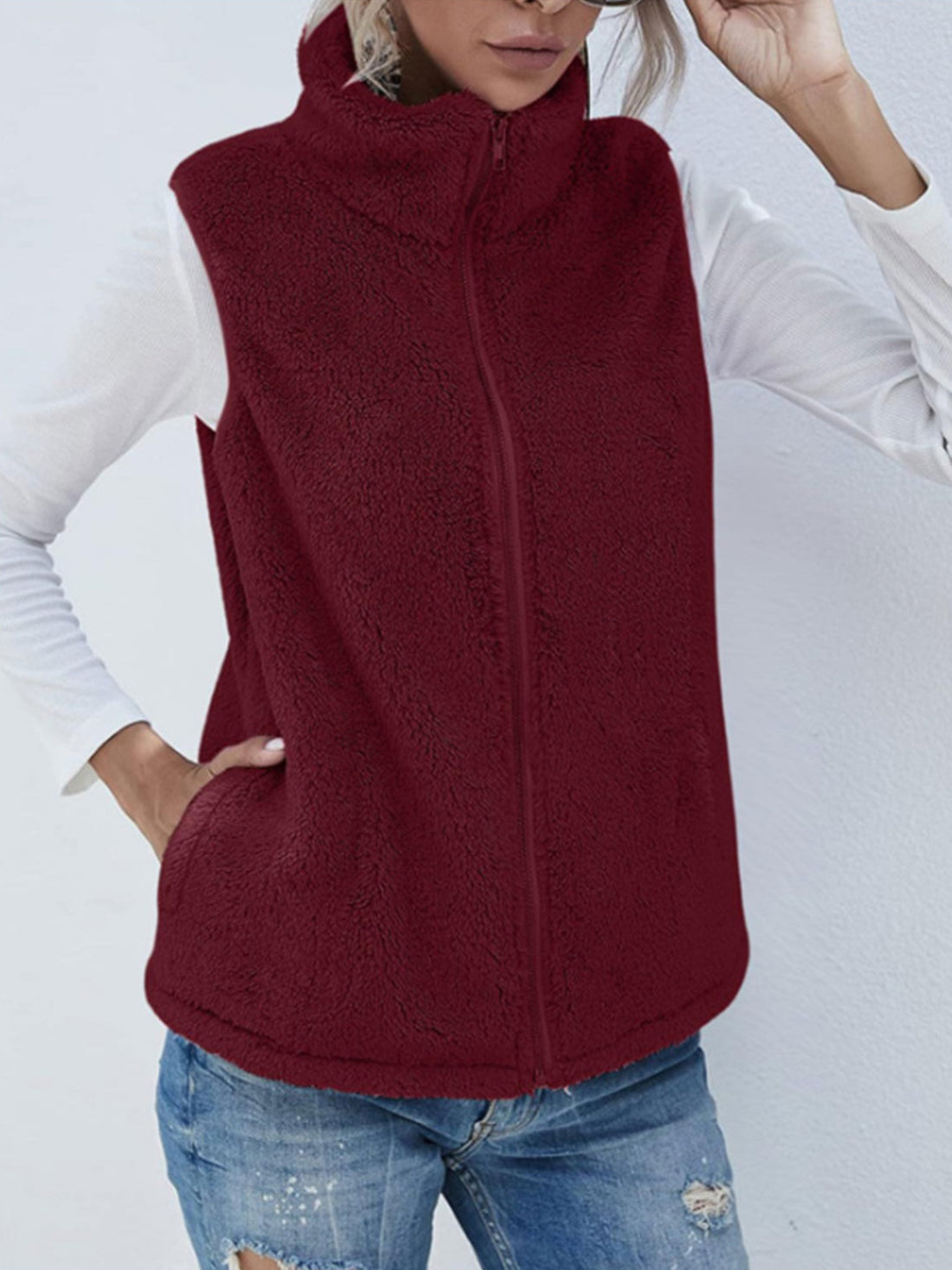 Full Size Fuzzy Zip Up Vest Coat with Pockets 