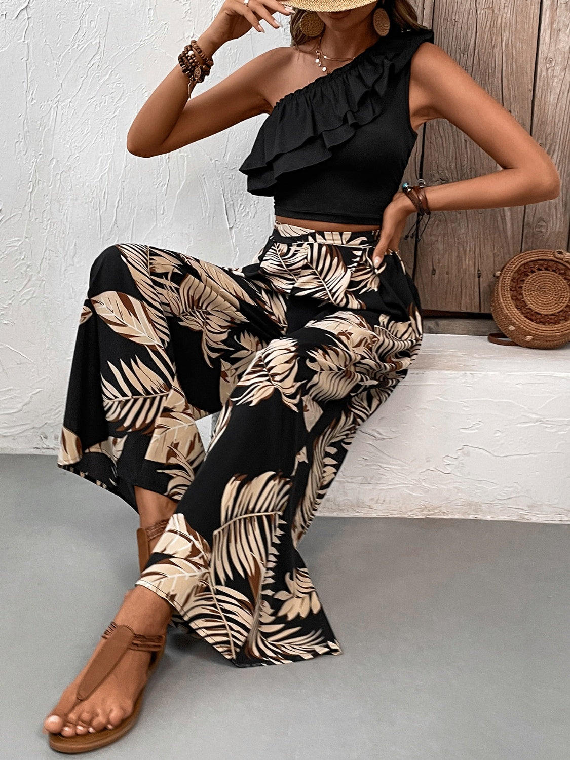 Honey Ruffled Sleeveless Top and Printed Pants Set 