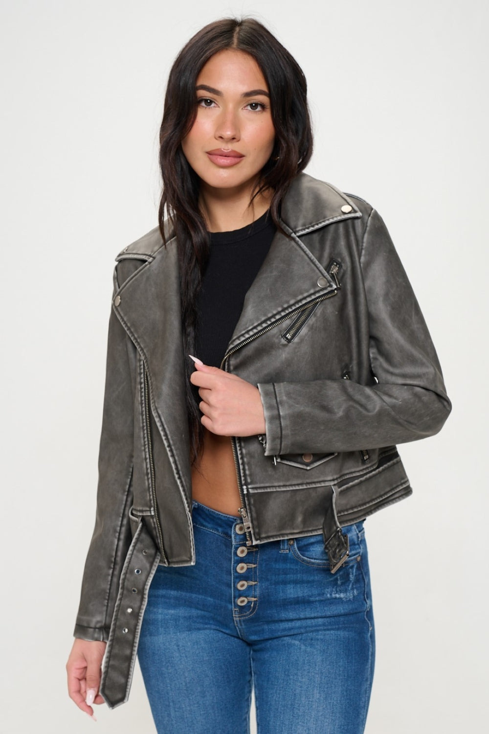 Coalition LA Zip Up Biker Jacket with Belt 