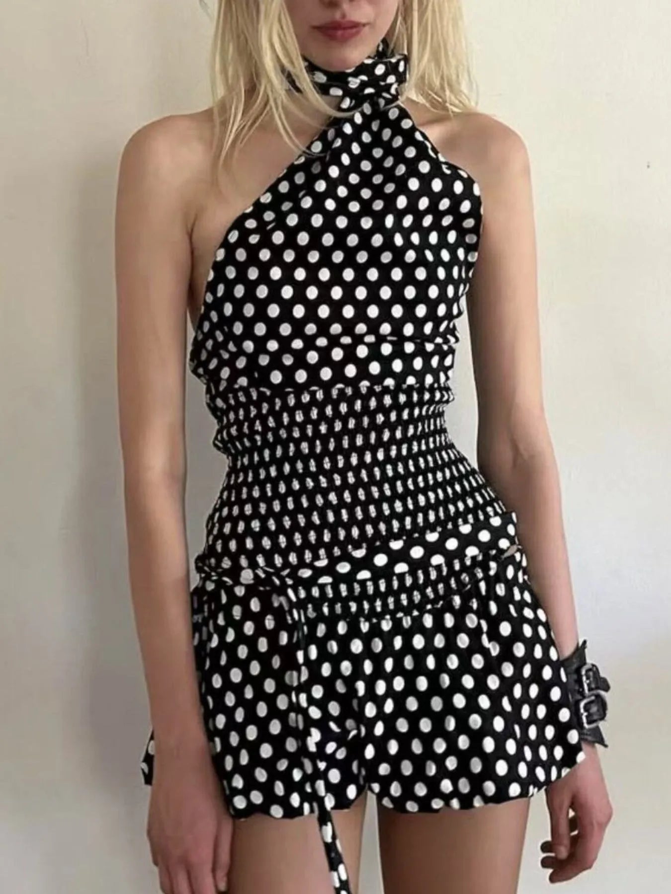 Polka Dot One-Shoulder Top and Mini Skirt Set Two Piece Dresses