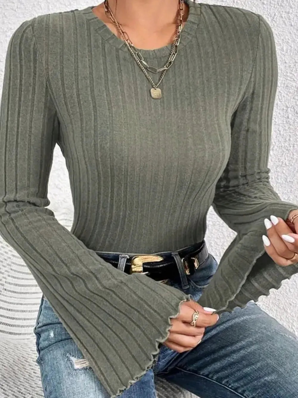Ribbed Round Neck Flare Sleeve T-Shirt 