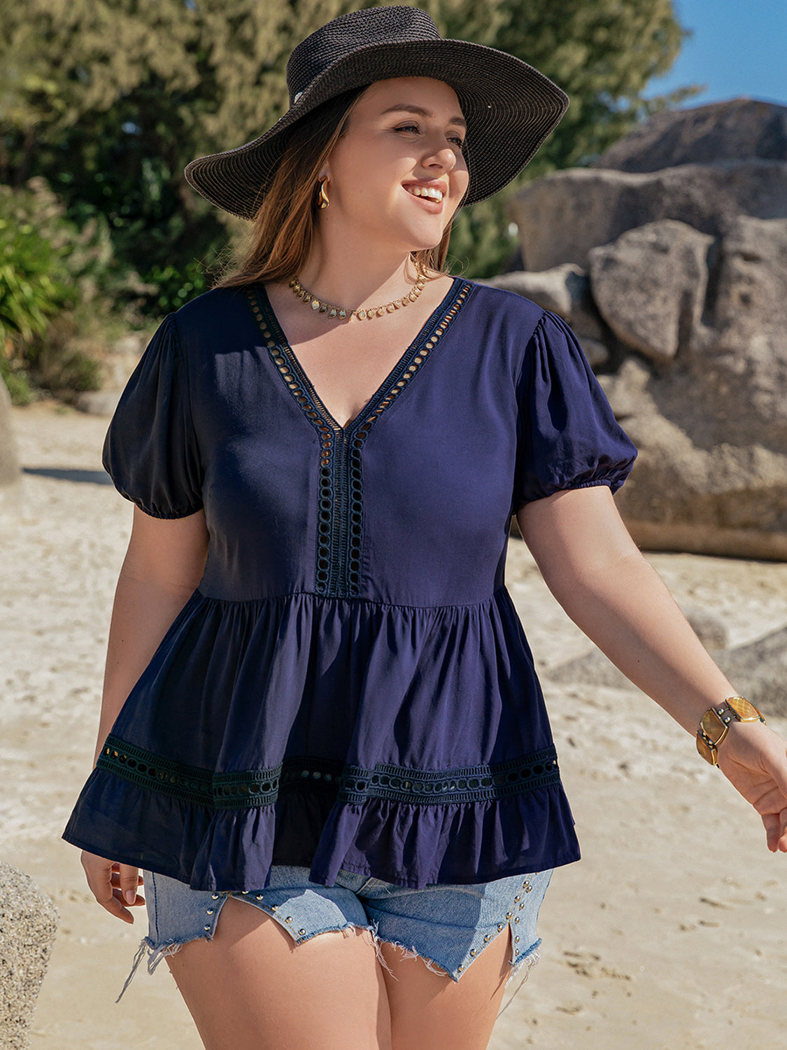 Plus Size Peplum V-Neck Short Sleeve Blouse 