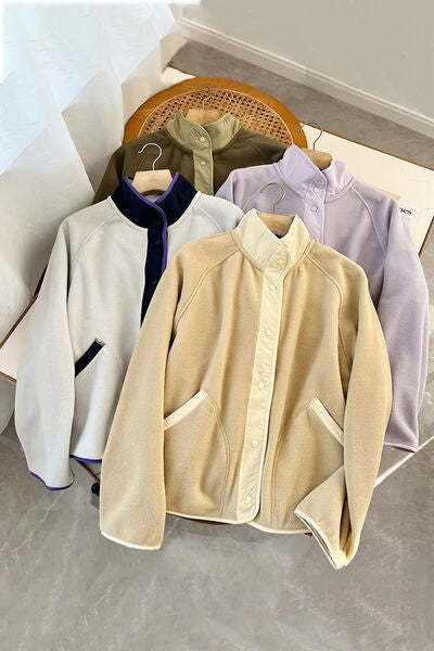 Double Take Snap Down Contrast Fleece Jacket with Pockets 