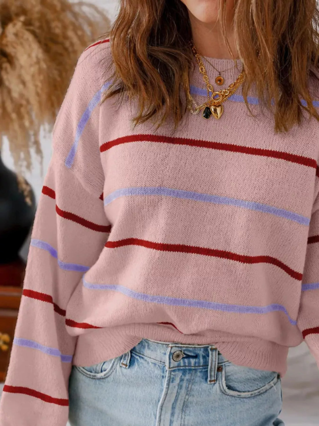Striped Round Neck Drop Shoulder Sweater 
