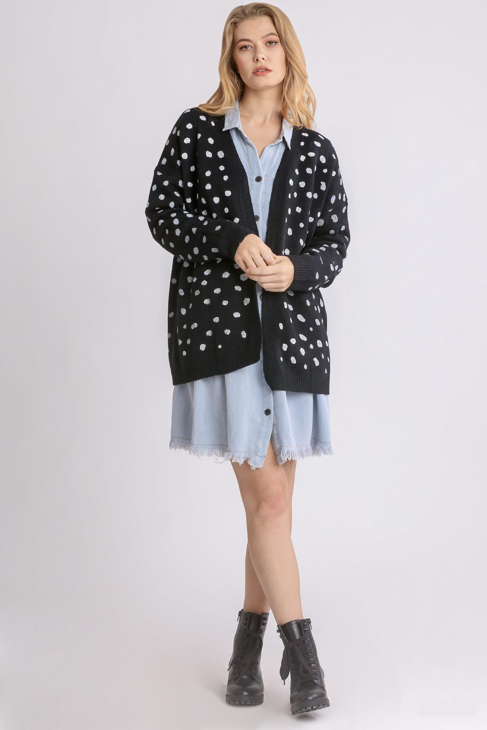 Umgee Polka Dot Open Front Drop Shoulder Cardigan 
