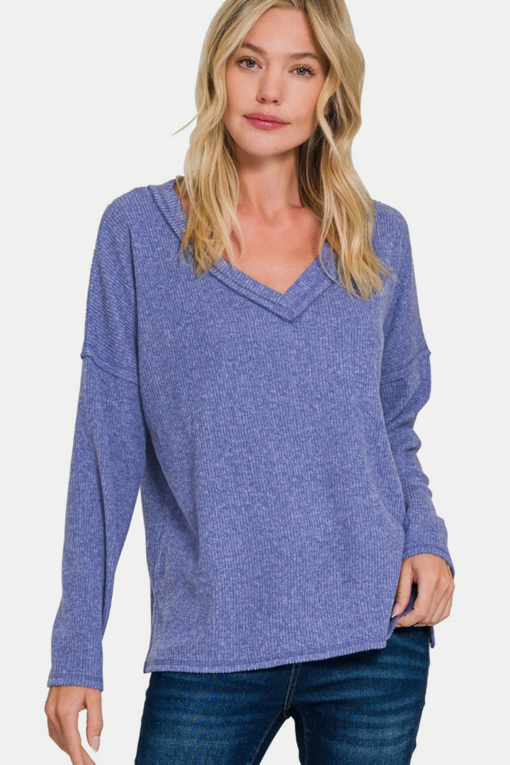 Zenana Full Size Ribbed V-Neck Drop Shoulder Top 