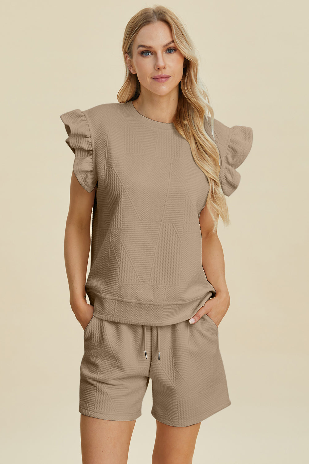 Double Take Full Size Texture Round Neck Ruffle Sleeve Top and Shorts Set 