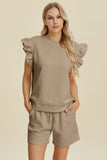 Double Take Full Size Texture Round Neck Ruffle Sleeve Top and Shorts Set 