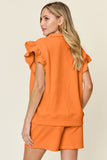 Double Take Full Size Texture Flounce Sleeve Top and Drawstring Shorts Set 