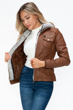 YMI Removable Faux Layered Multi-Pocket Jacket with Fuzzy Hood 