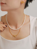 3 Piece Pearl Necklace, Bow Necklace and Stud Earrings Jewelry Set 