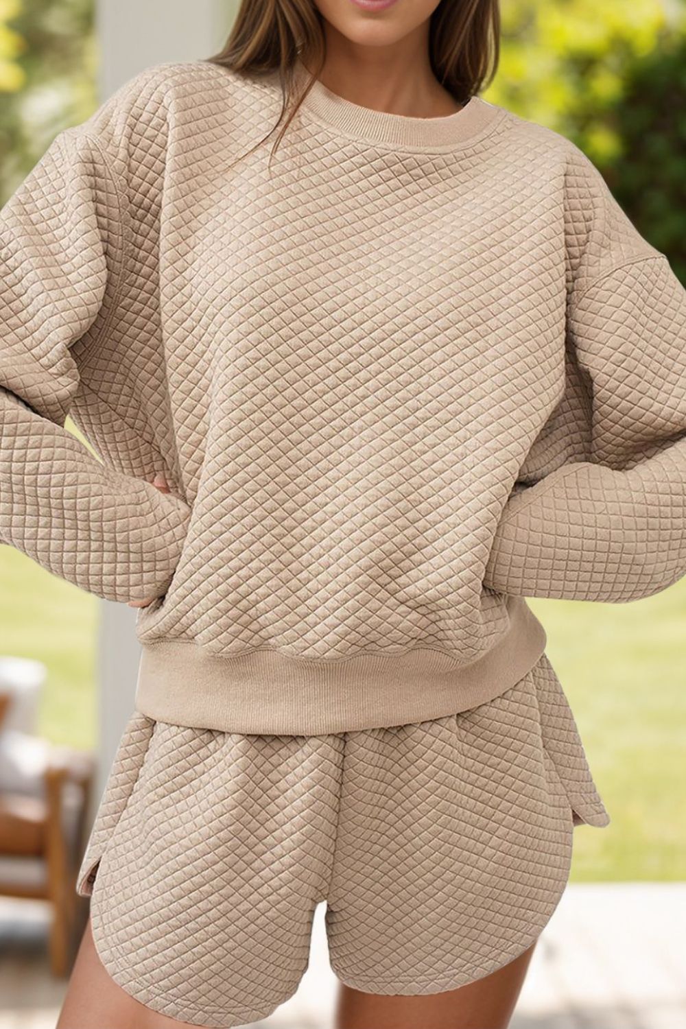 Quilted Round Neck Long Sleeve Top and Shorts Set 