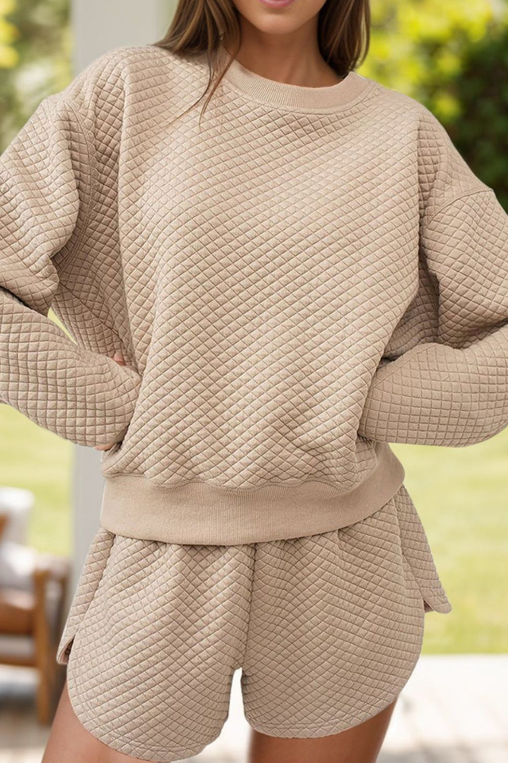Quilted Round Neck Long Sleeve Top and Shorts Set 