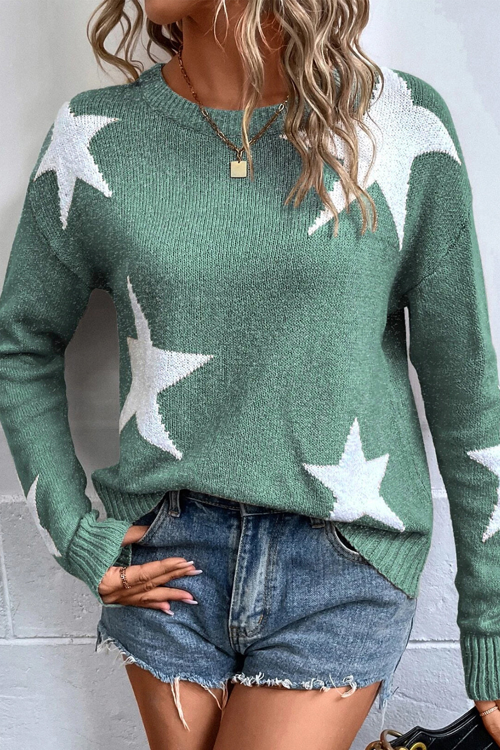 Khaki Star Pattern Drop Shoulder Sweater Sweaters & Cardigans/Sweaters