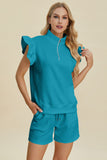 Double Take Full Size Texture Flounce Sleeve Top and Shorts Set 