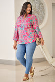 Plus Size Printed Notched Long Sleeve Blouse 