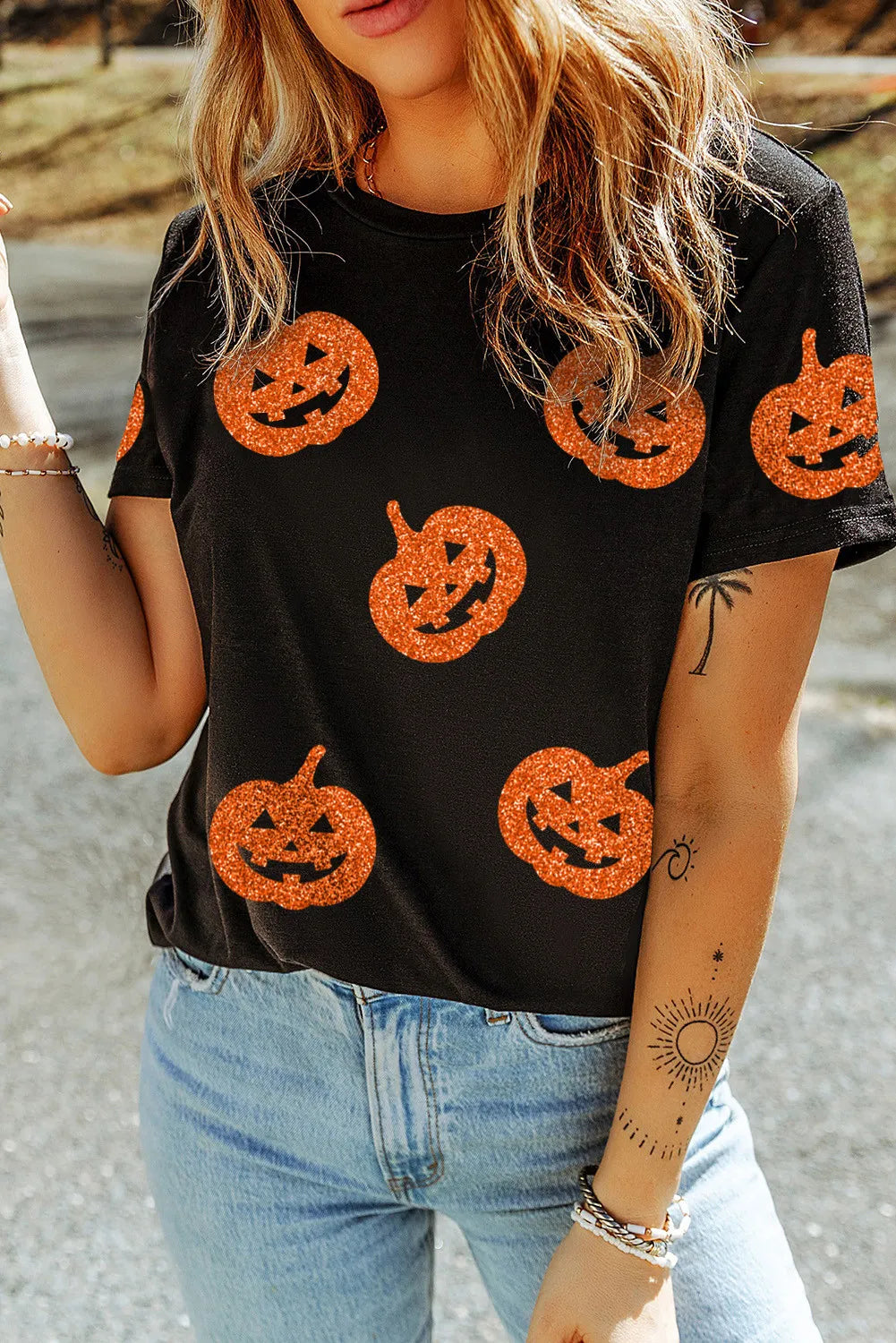 Full Size Glitter Jack-O'-Lantern Round Neck Short Sleeve T-Shirt 