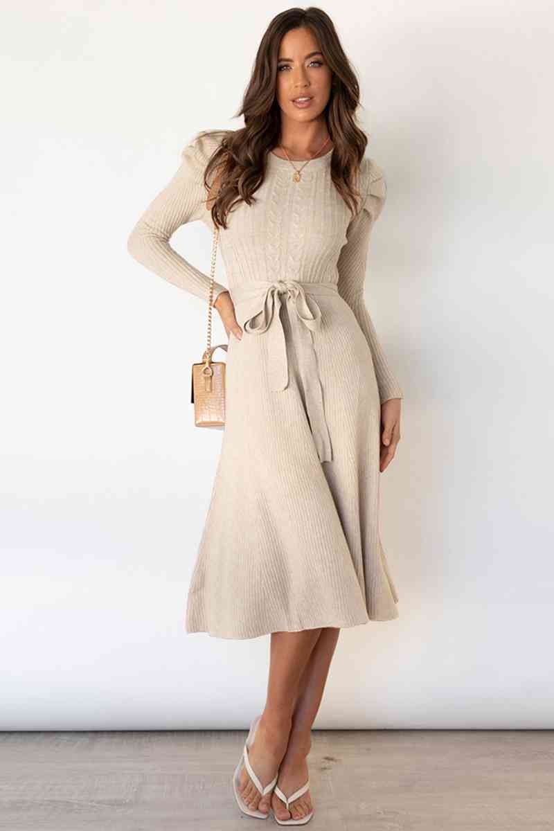 Round Neck Long Sleeve Tie Waist Sweater Dress Dresses