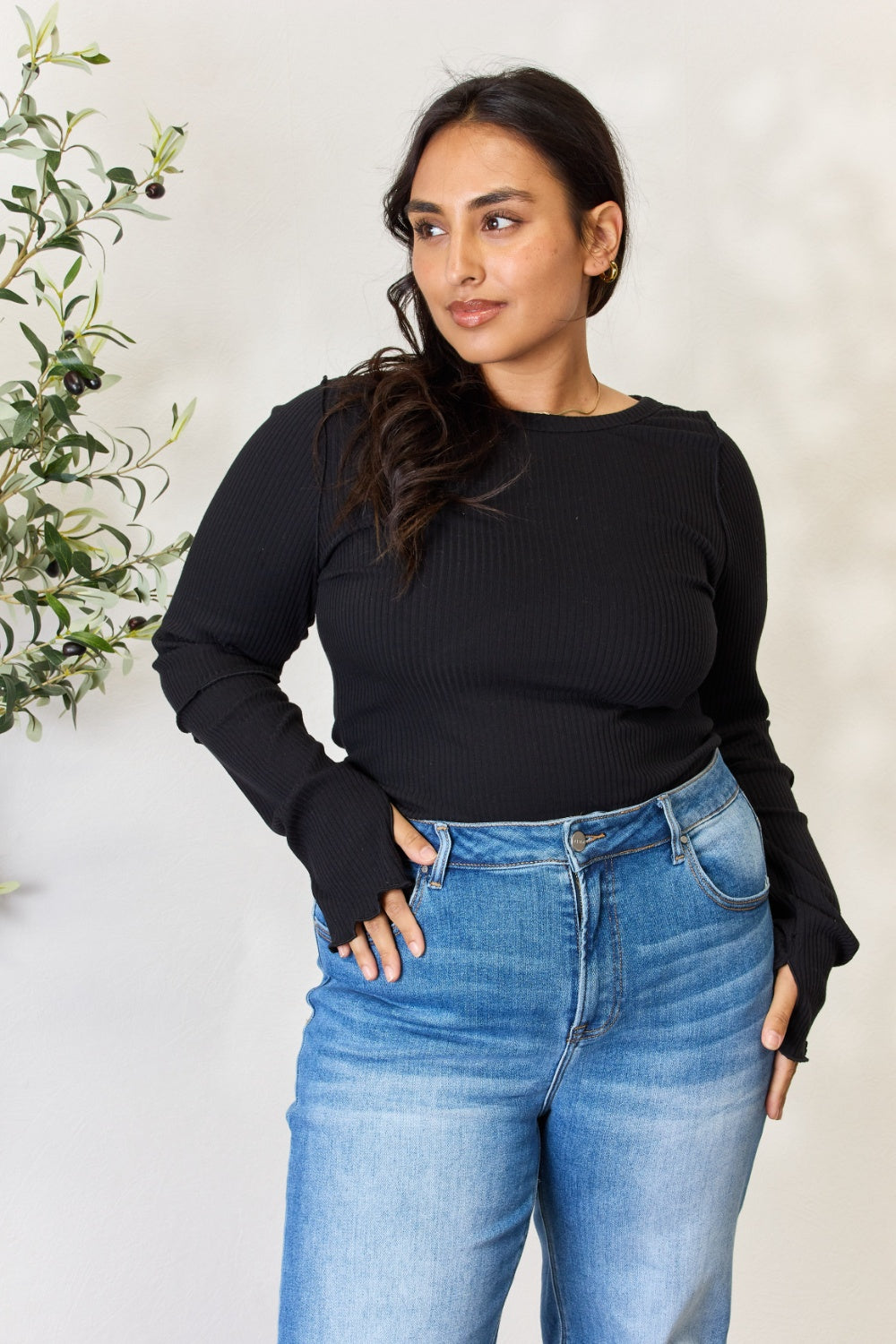 Culture Code Full Size Ribbed Round Neck Long Sleeve Top 