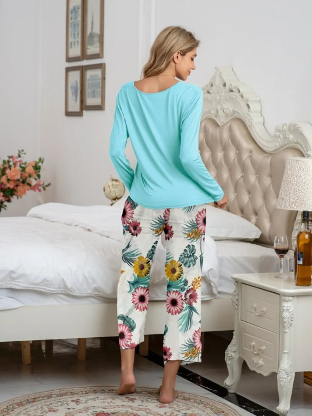 Round Neck Top and Printed Pants Lounge Set Lingerie & Nightwear