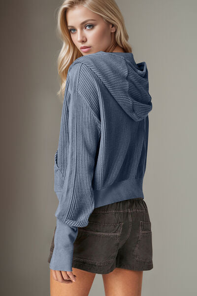 Double Take Waffle-Knit Zip Up Long Sleeve Hooded Jacket 