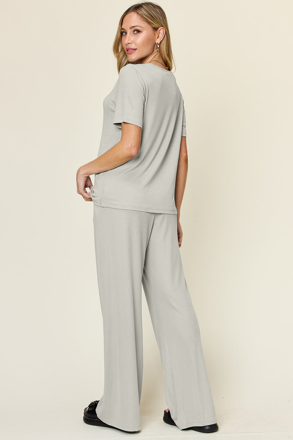 Double Take Full Size Round Neck Short Sleeve T-Shirt and Wide Leg Pants Set 