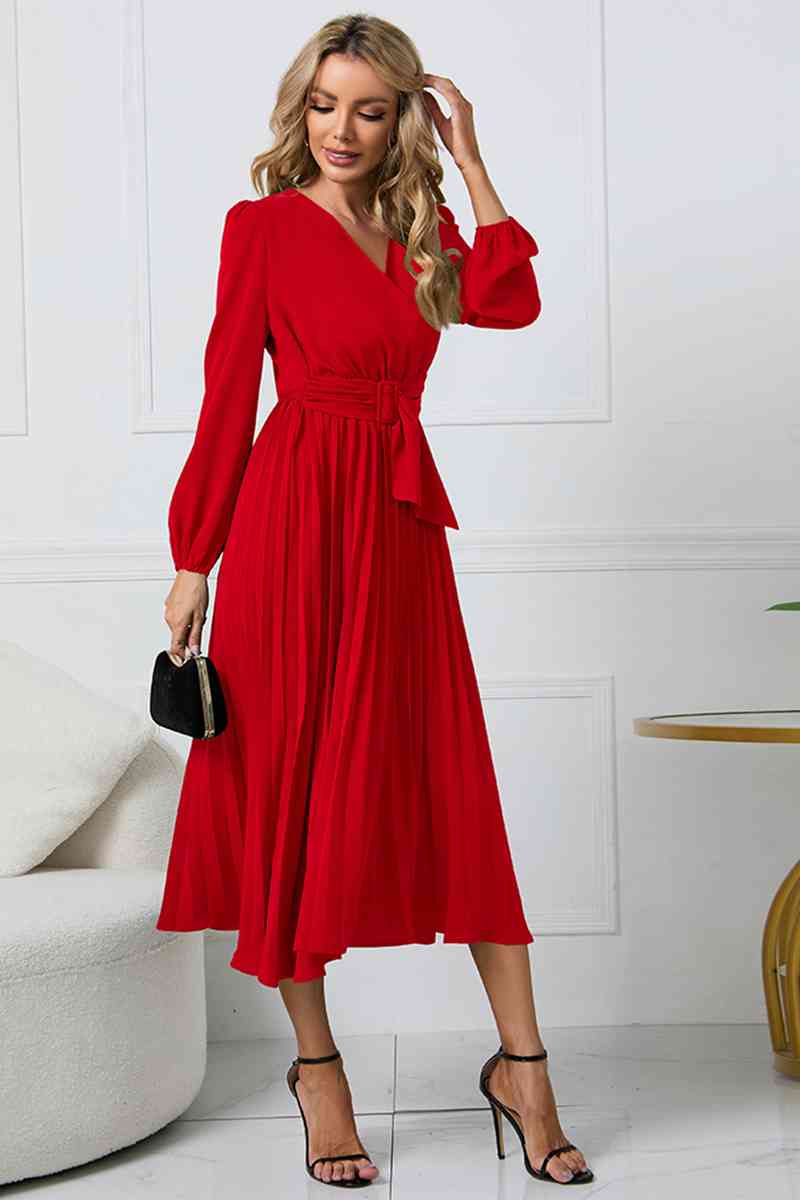 V-Neck Long Sleeve Tie Waist Midi Dress Dresses