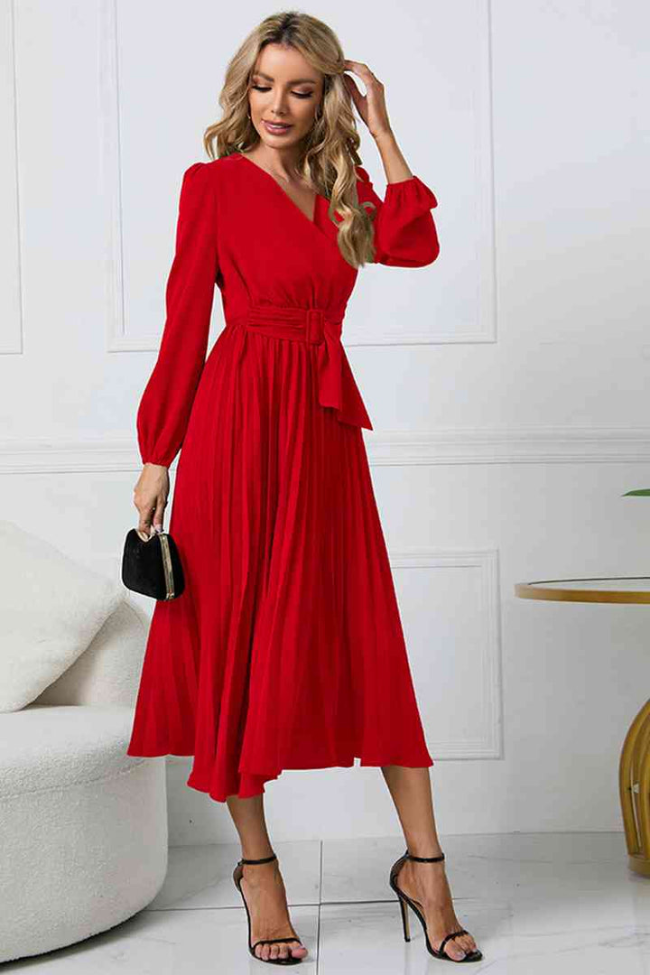 V-Neck Long Sleeve Tie Waist Midi Dress Dresses