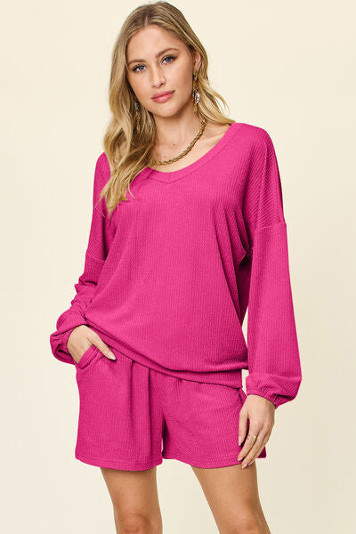 Double Take Full Size Texture V-Neck Long Sleeve T-Shirt and Shorts Set 