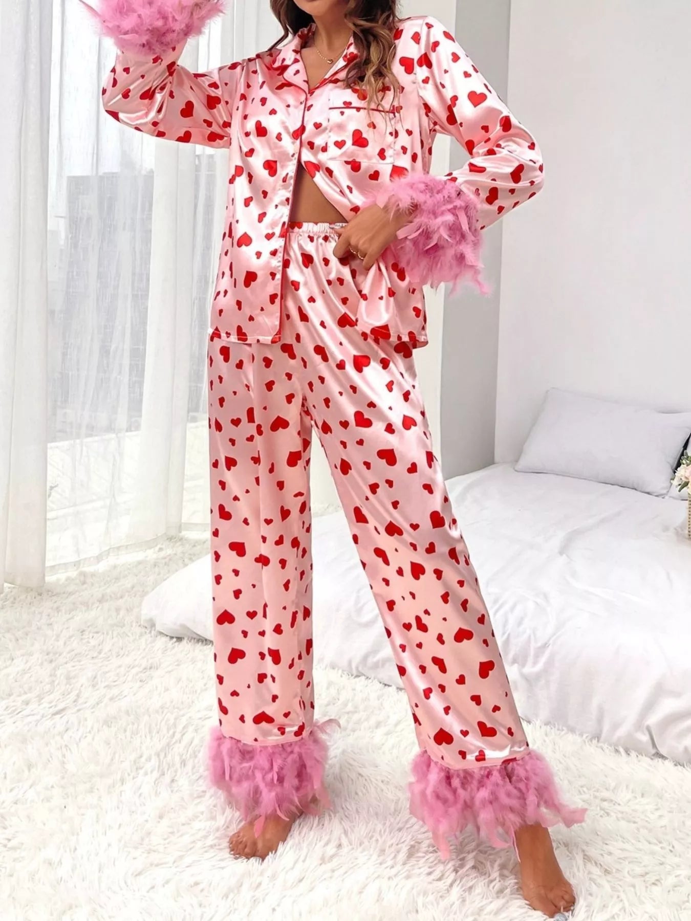 Heart Print Button Up Top and Pants Lounge Set Lingerie & Nightwear